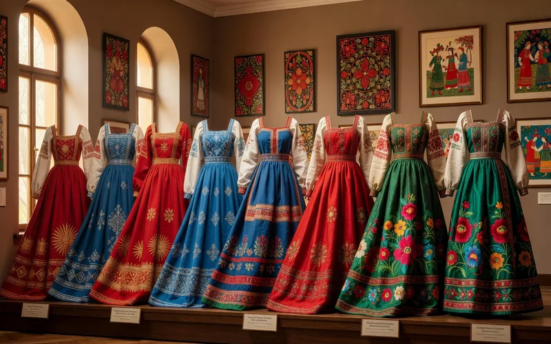 Femme en tenue traditionnelle russe - Sarafane et chemise brodee