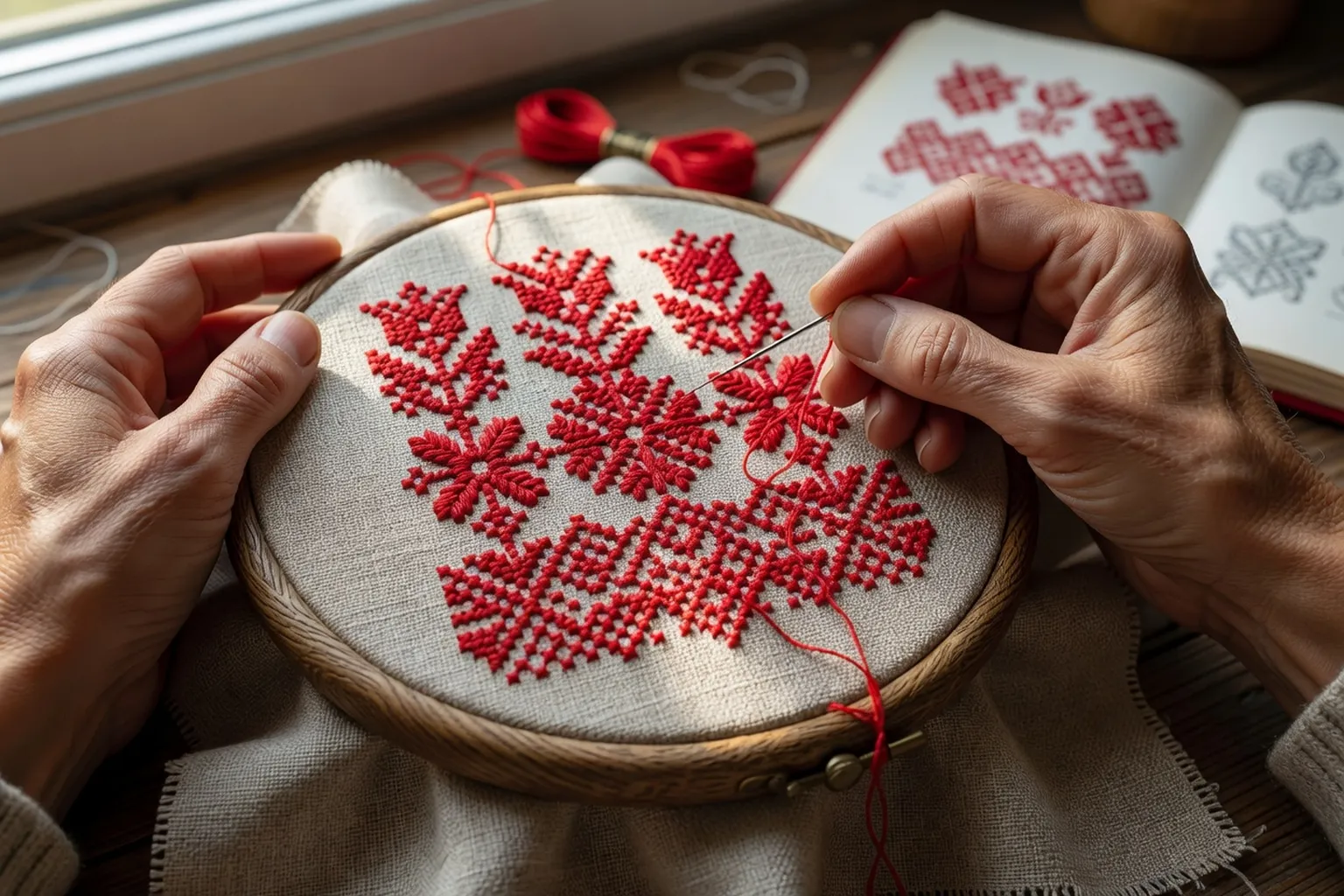 Détail de broderie russe sur tambour, fil rouge garance sur lin de Vologda, points de croix comptés &mdash; atelier Slava Paris