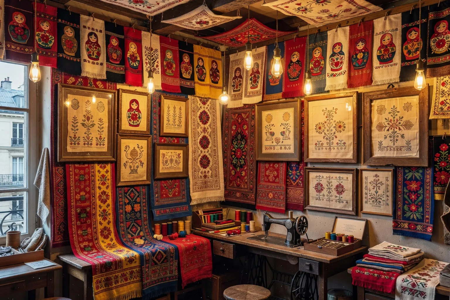 Mur d'atelier de brodeuse russe avec étoffes accrochées, patrons sur papier vélin et bandes de broderies finies &mdash; atelier Slava Paris 15e