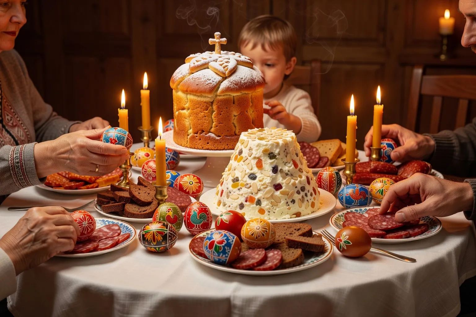 Famille russe partageant le repas de Pâques avec koulitch, paskha et œufs peints pissanki