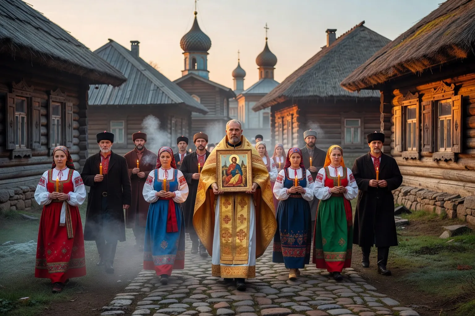 Procession orthodoxe russe en costumes traditionnels brodés lors d'une fête religieuse