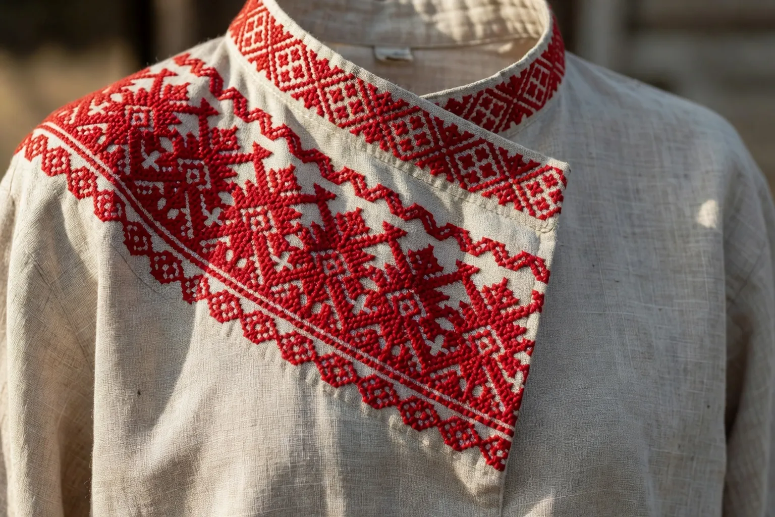 Atelier de couture russe : artisane brodant le plastron d'une kosovorotka au point de croix rouge et noir sur lin écru