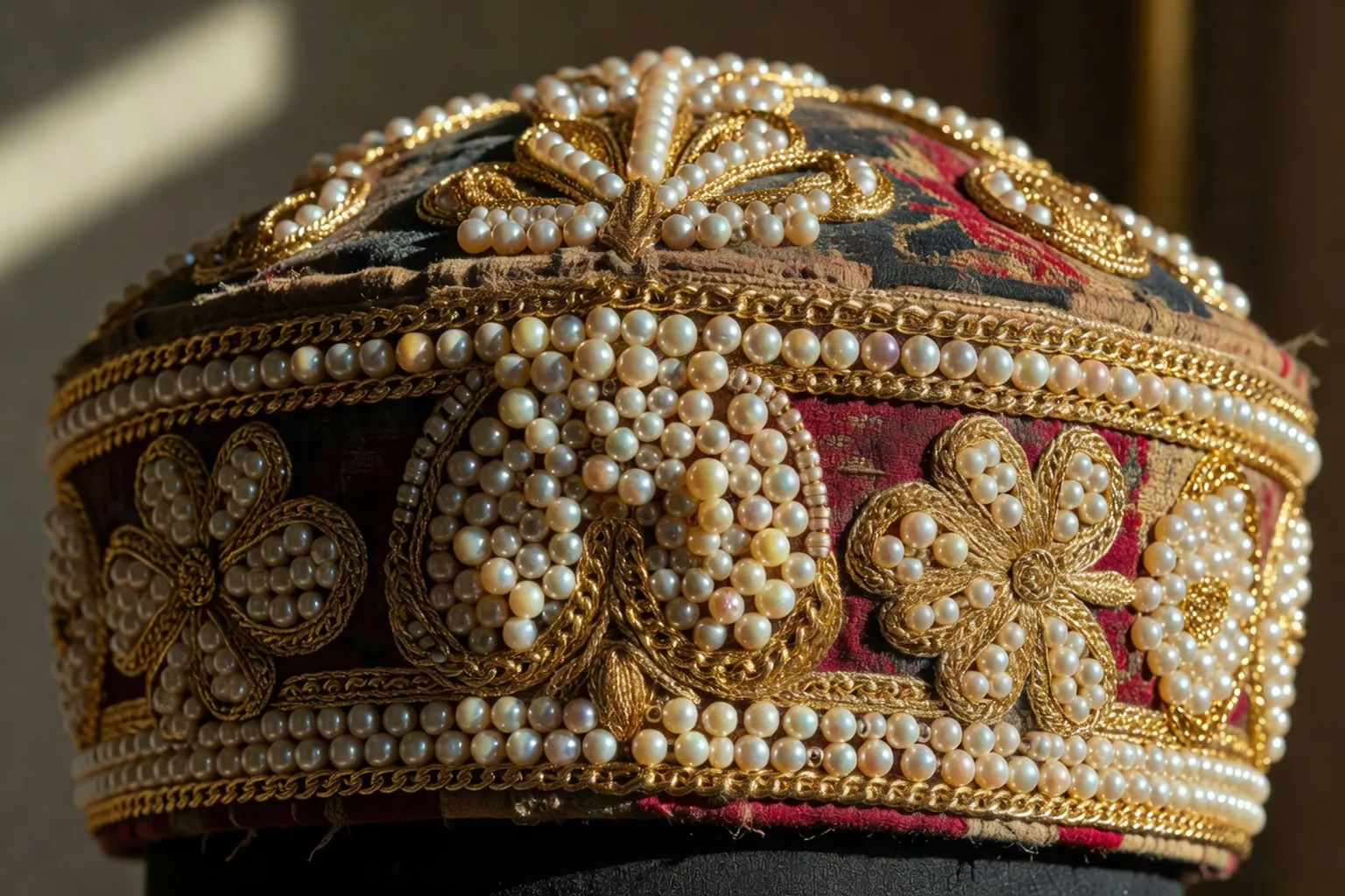 Détail rapproché d'un kokochnik orné de perles d'eau douce et de fils d'or estampés sur brocart