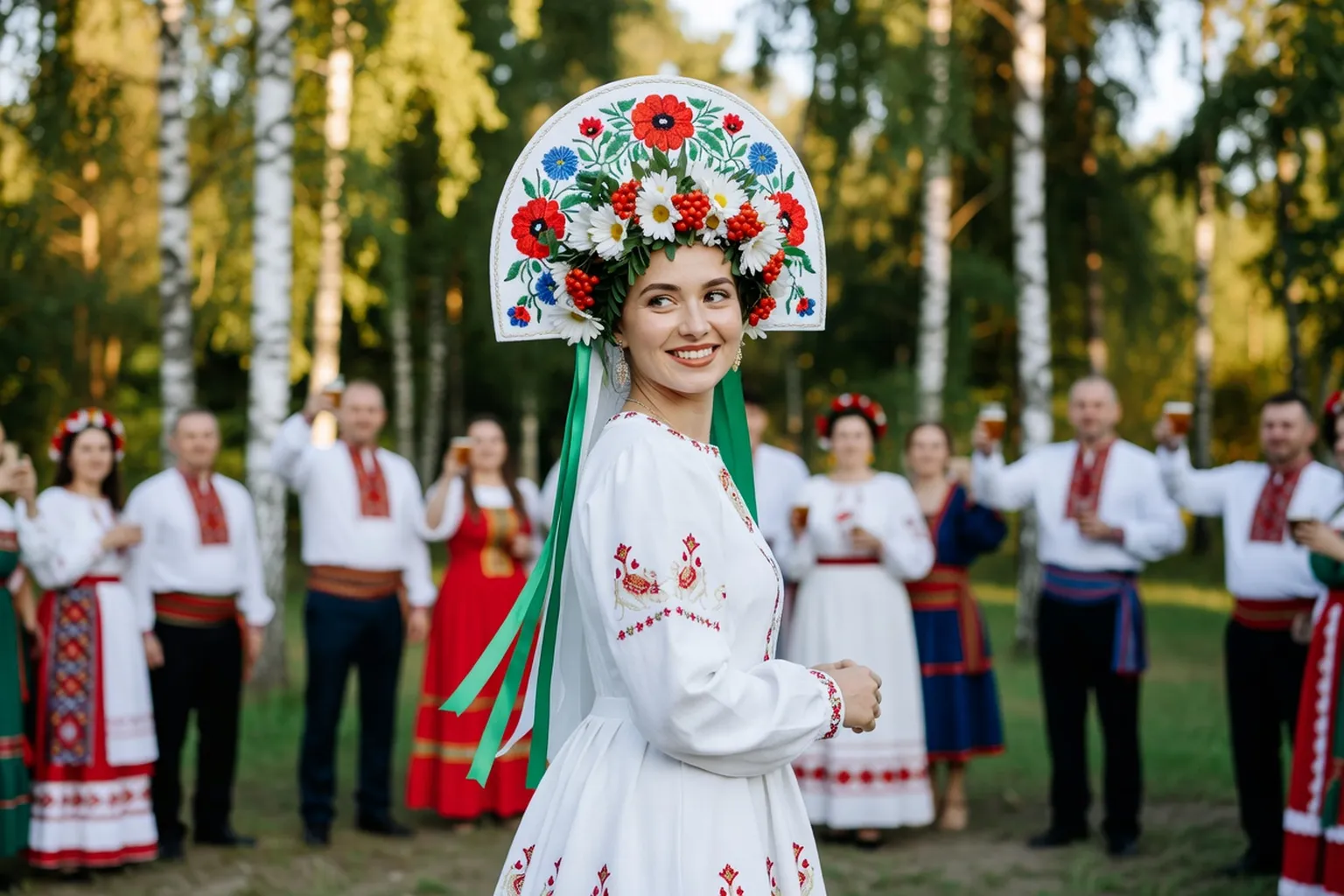 Jeune mariée moderne portant un kokochnik blanc orné de perles lors d'une cérémonie franco-russe
