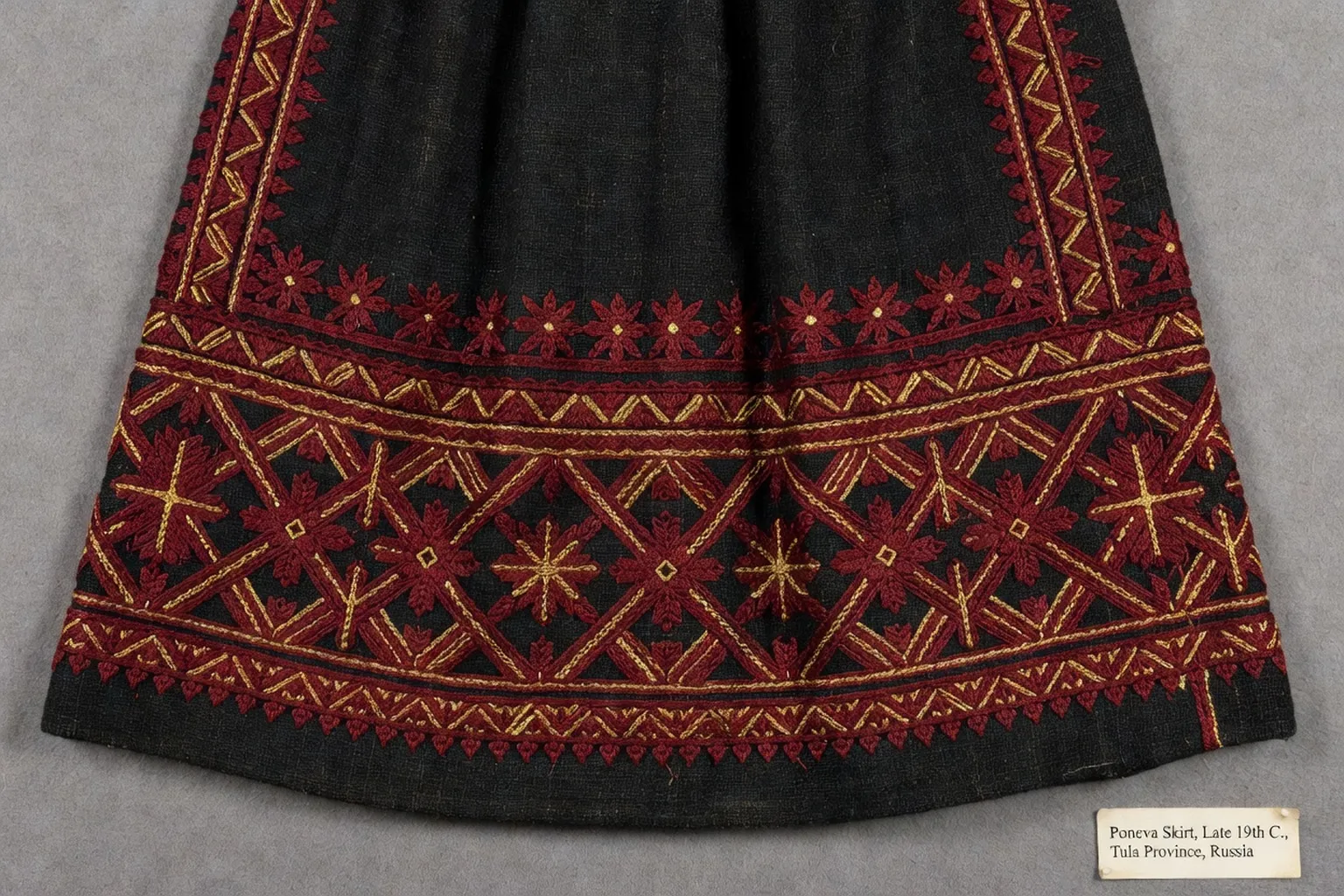 Détail d'une poneva russe du XIXe siècle : broderie polychrome au point compté sur tissu de laine, région de Voronej
