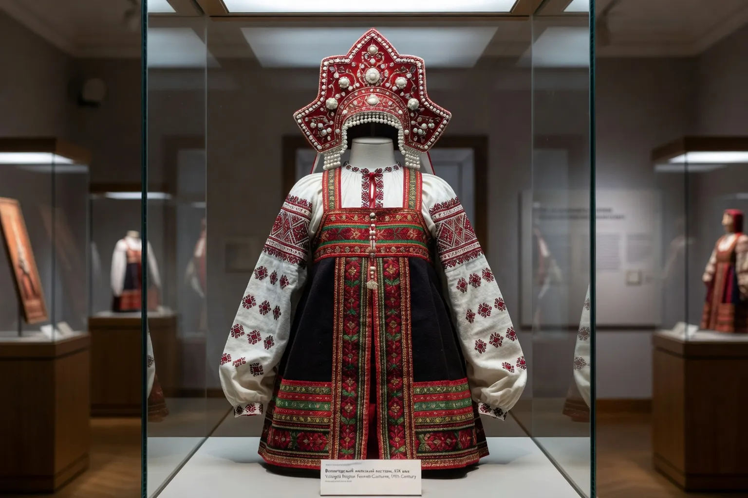 Vitrine d'exposition au Musée d'Ethnographie russe de Saint-Pétersbourg : présentation de costumes régionaux du Nord de la Russie