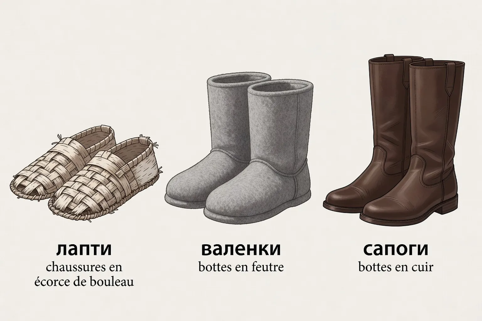 Planche illustrée des chaussures traditionnelles russes : lapti, valenki, sapogi, toufli