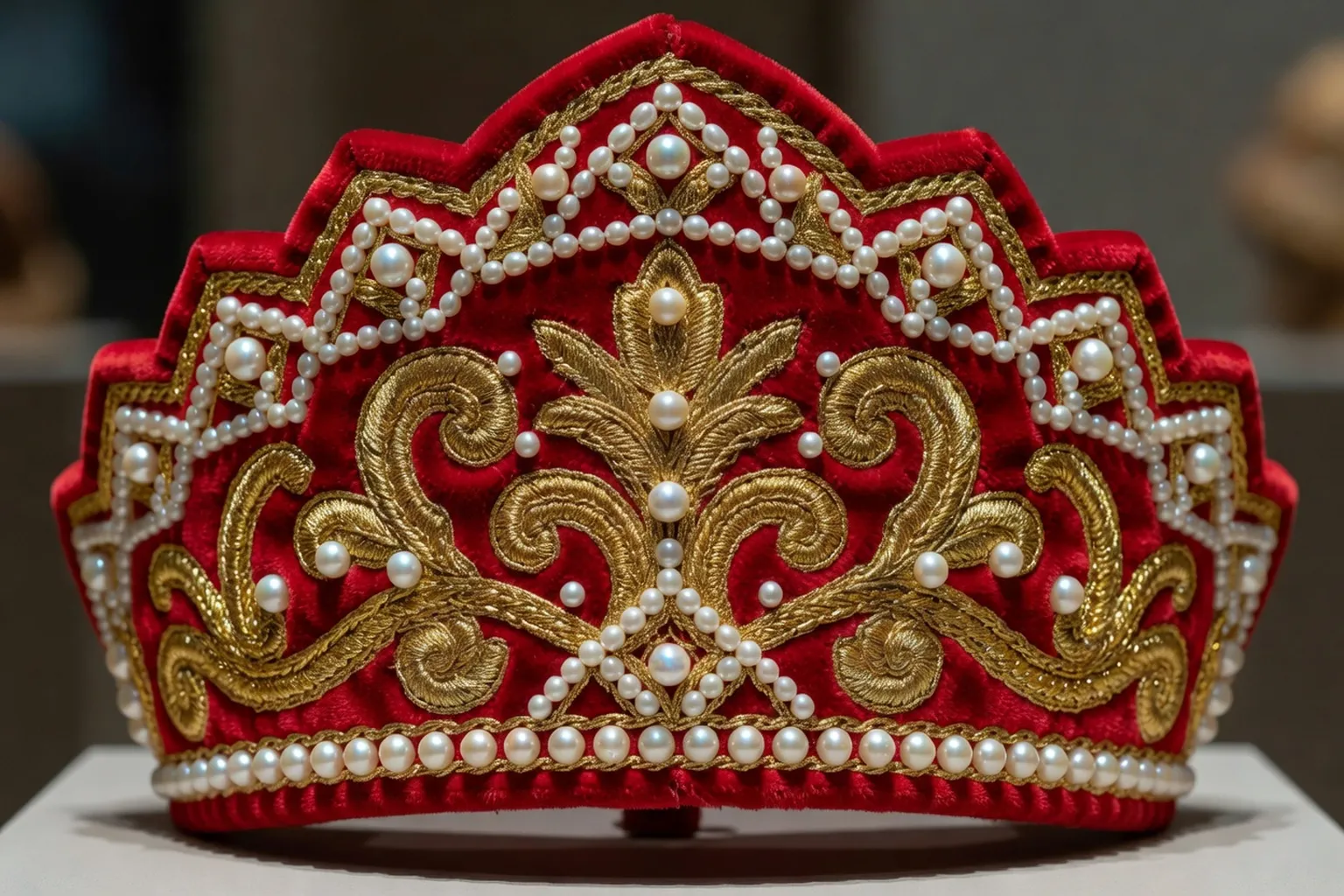 Kokochnik doré orné de perles d'eau douce — coiffe traditionnelle russe féminine