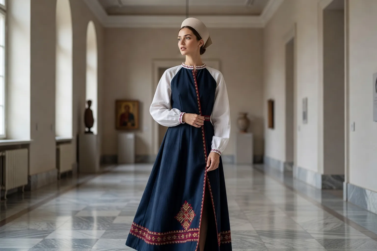 Femme moderne en sarafane russe rouge contemporain — tenue traditionnelle adaptée 2026