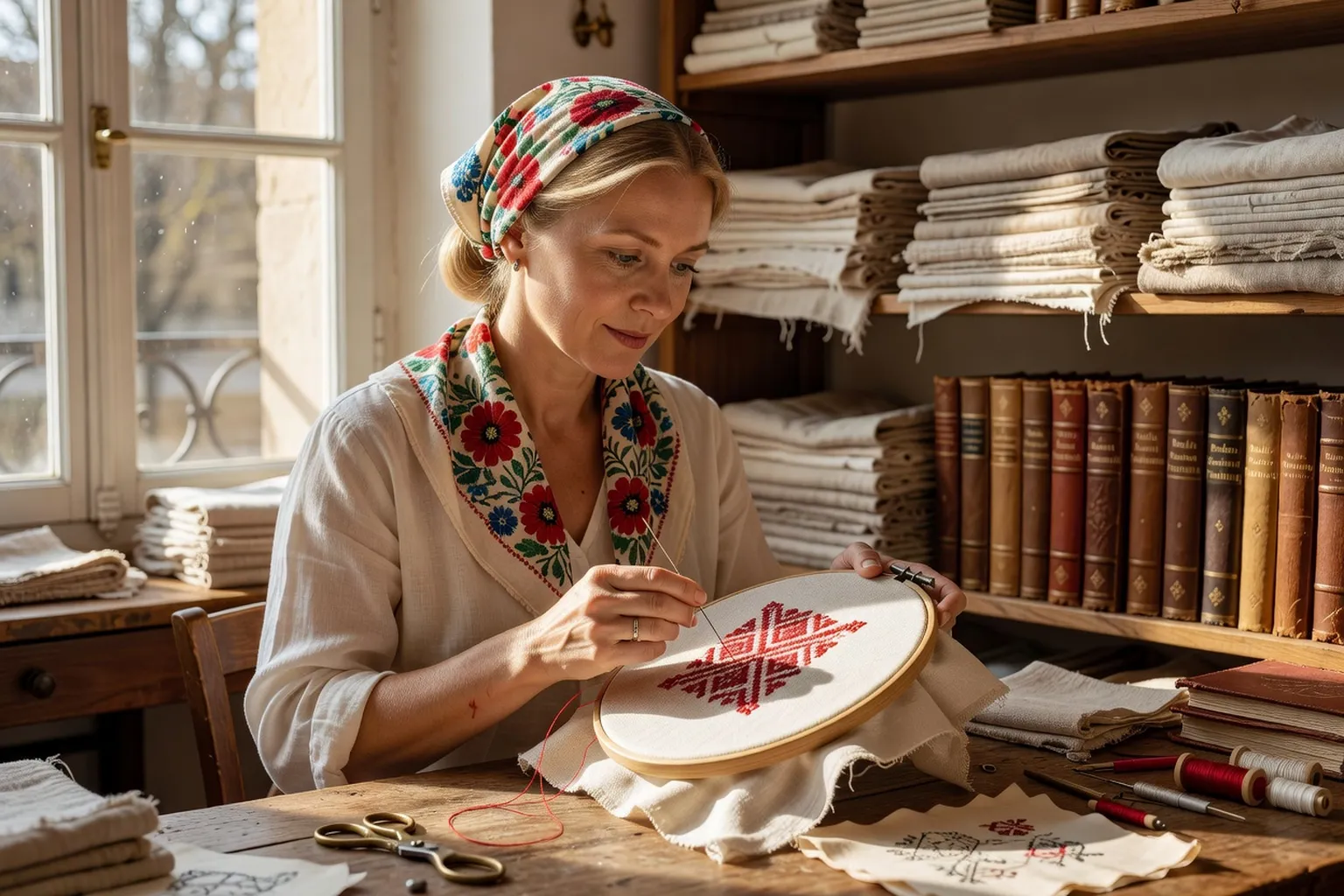 Anastasia Volkov, brodeuse traditionnelle russe à Paris, mains posées sur un tambour de broderie — portrait éditorial atelier rue de Cambronne