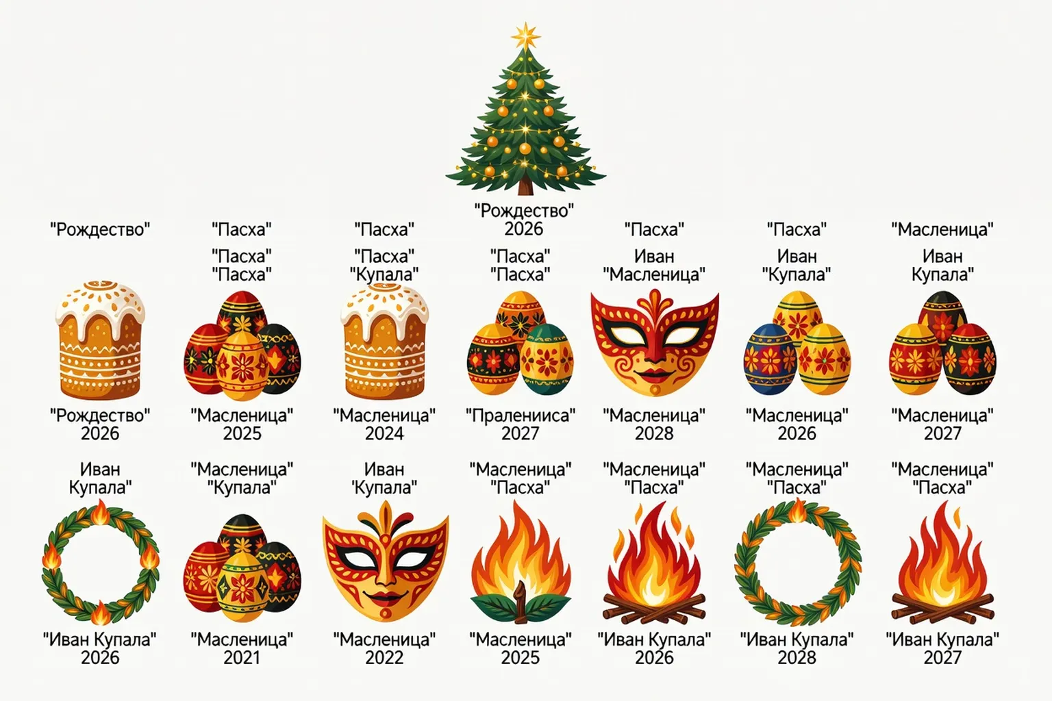 Calendrier illustré des fêtes orthodoxes russes 2026 et 2027 avec icônes traditionnelles