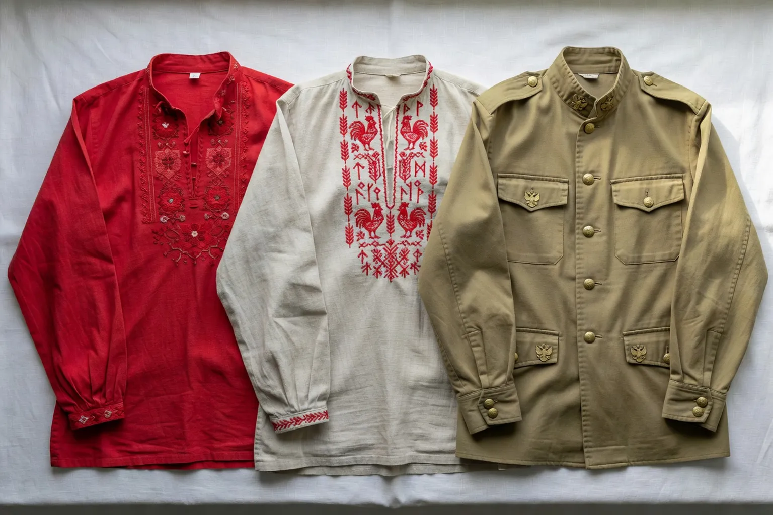 Trois chemises russes traditionnelles pour homme : kosovorotka brodée rouge, roubakha en lin écru, gymnastiorka kaki impériale