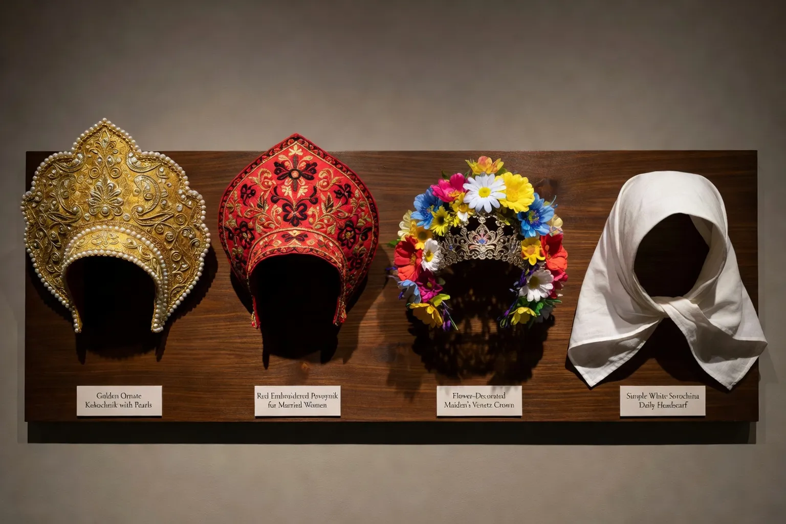 Quatre coiffes féminines russes traditionnelles alignées : kokochnik doré, povoynik brodé, venetz fleuri, sorocchina blanc