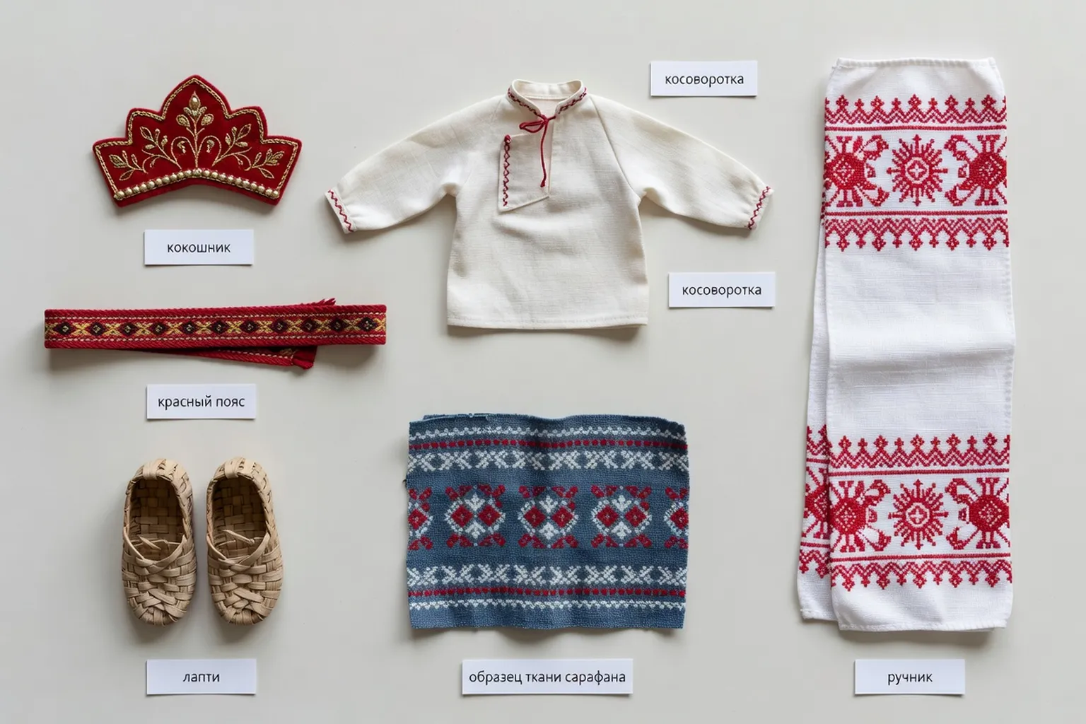 Composition pédagogique d'objets miniatures du costume russe traditionnel avec étiquettes bilingües