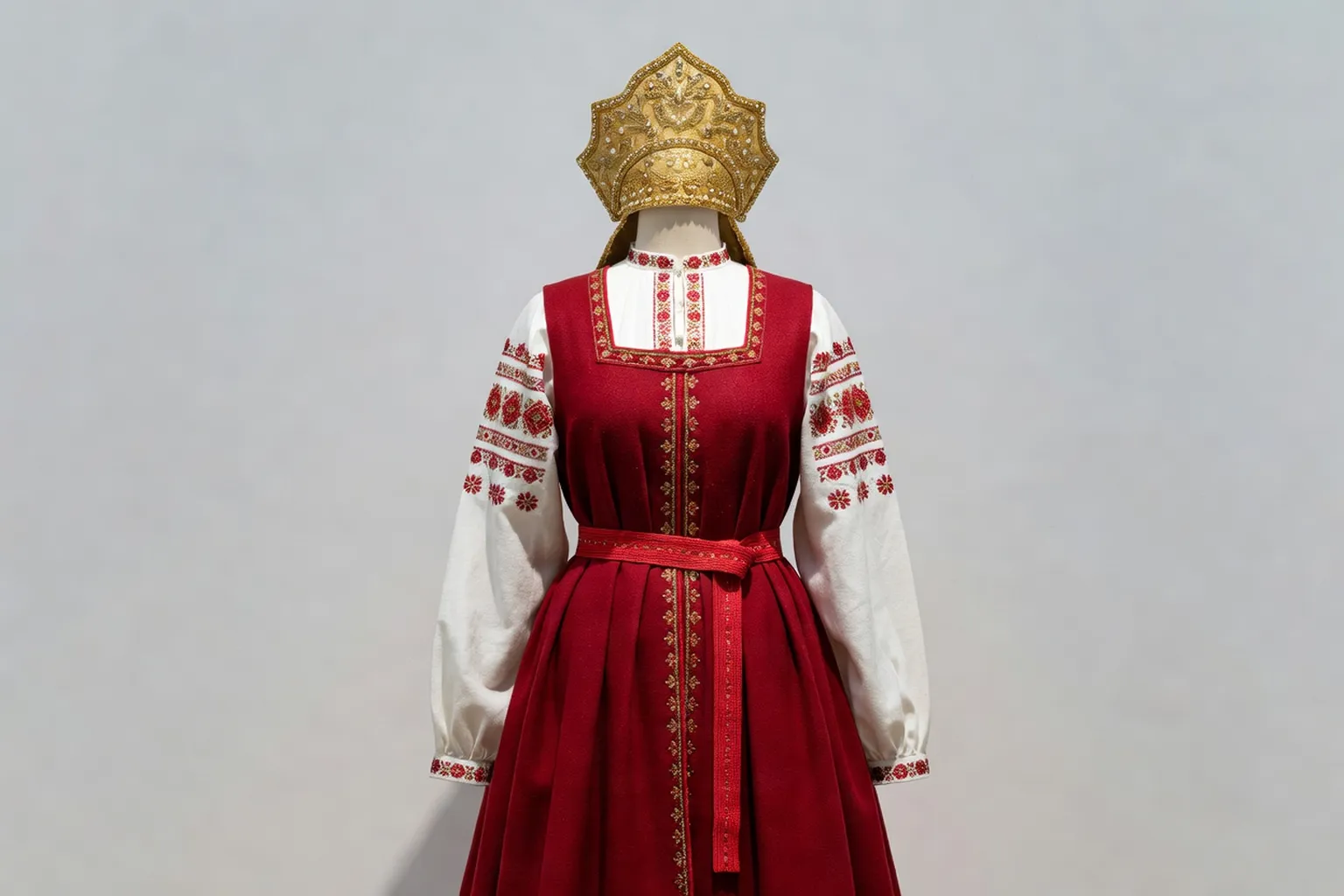 Tenue traditionnelle russe féminine complète : sarafane rouge, roubakha brodée, kokochnik doré, ceinture rouge