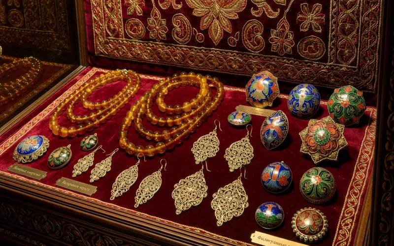 Collection de bijoux traditionnels russes : collier d'ambre, filigrane d'argent, email de Rostov et perles de riviere sur velours sombre