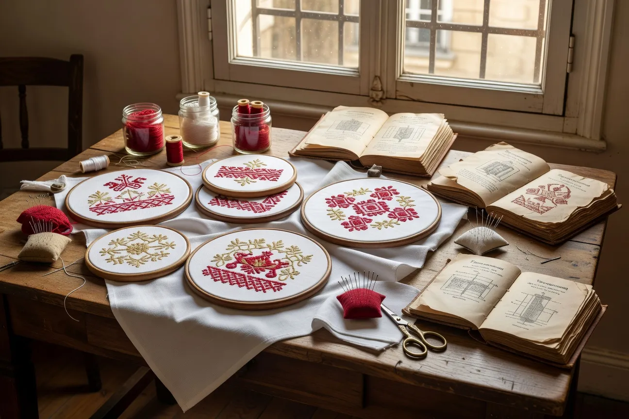 Atelier de broderie russe à Paris — fil rouge, lin et matériel traditionnel