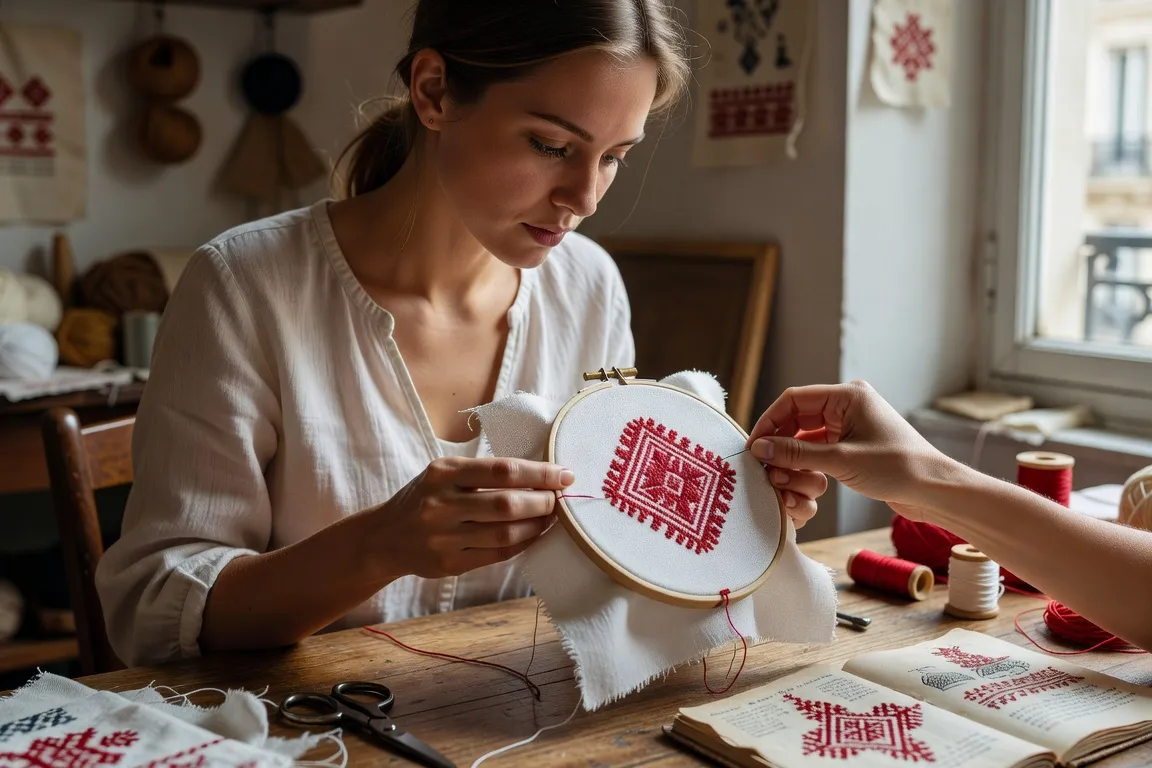 Élève francophone apprenant la broderie traditionnelle russe à Paris