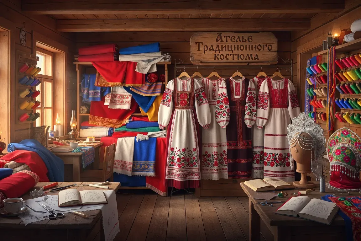 Tissus traditionnels russes et broderies dans l'atelier d'Olga Morozova à Lyon