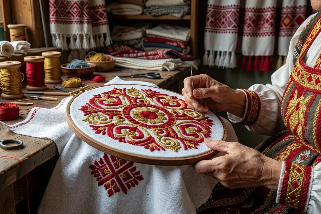 Mains d'une artisane brodant un costume russe traditionnel