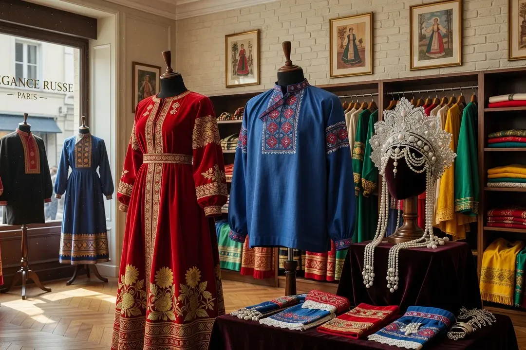 Costumes russes traditionnels exposés dans une boutique parisienne