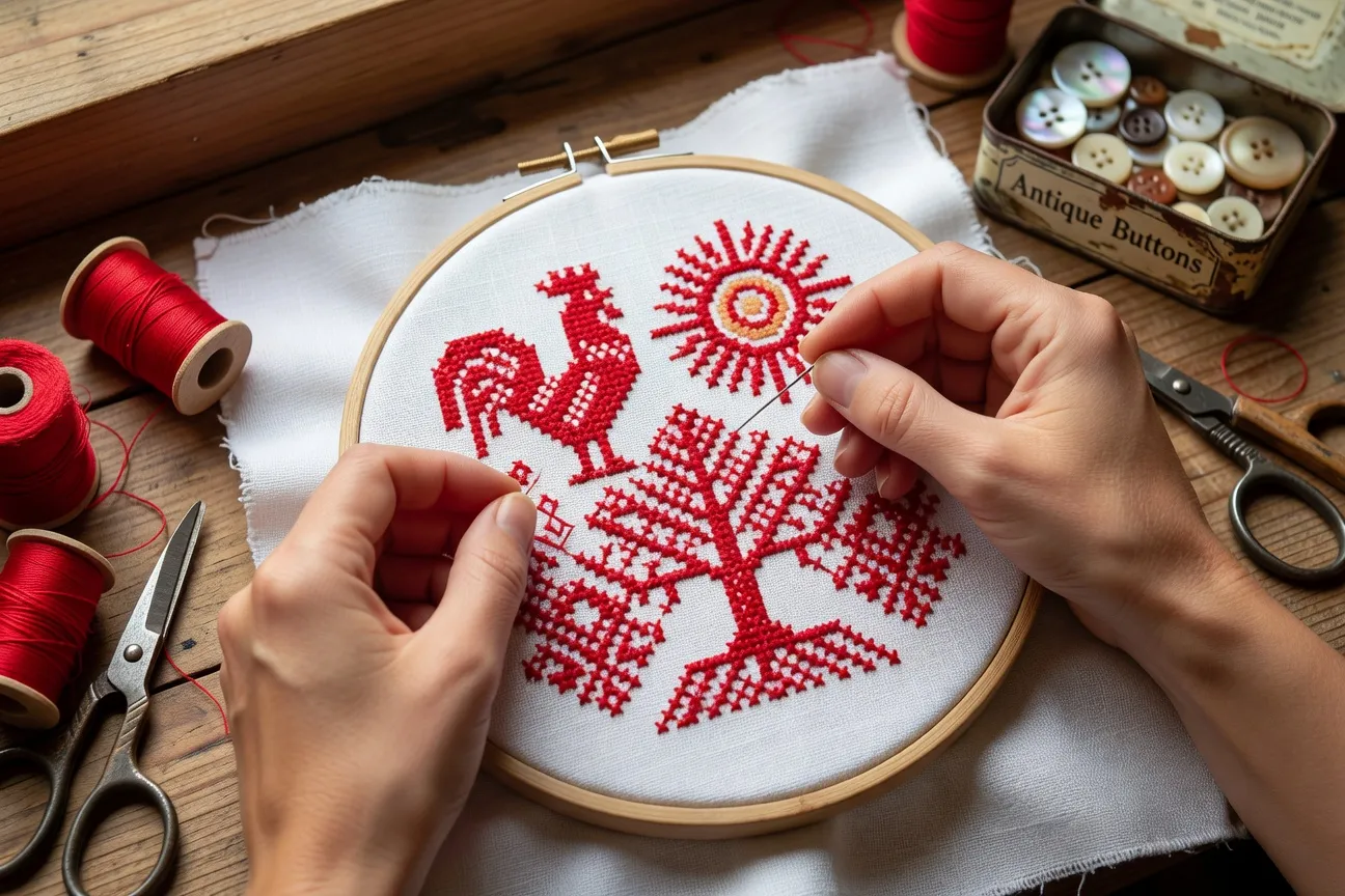 Atelier de broderie traditionnelle russe — fil rouge sur lin blanc