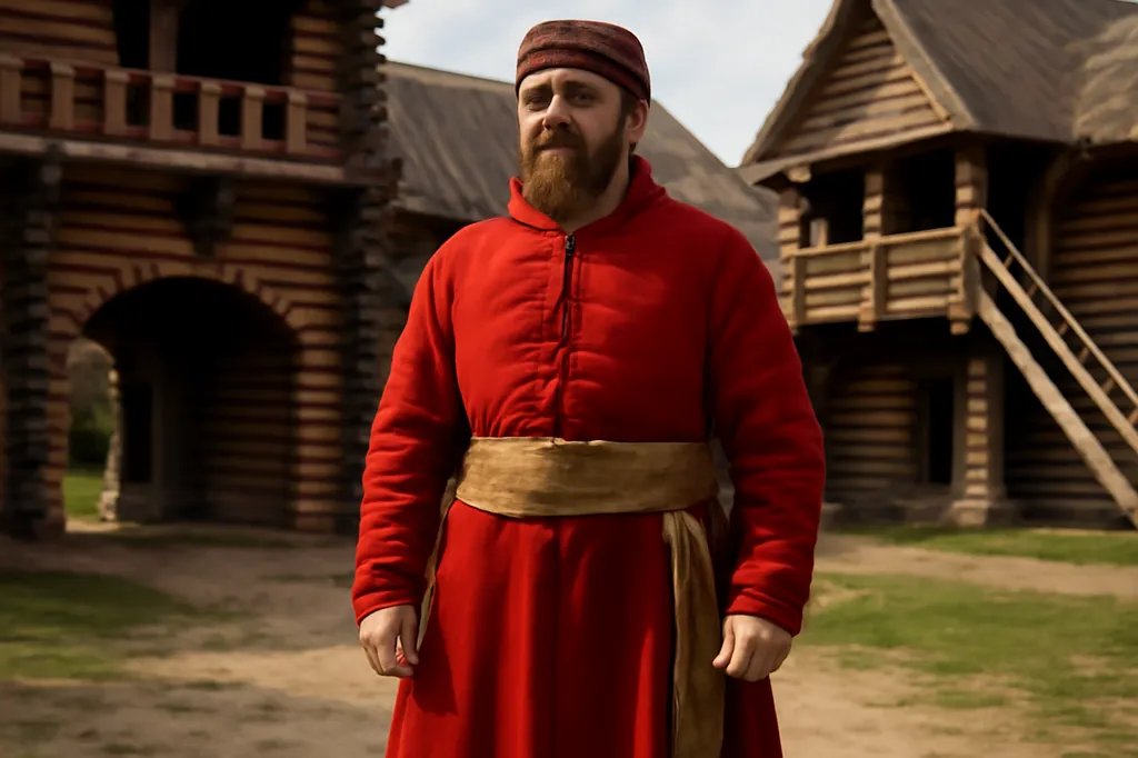 Homme en caftan russe traditionnel de style streltsy, cour de forteresse en bois