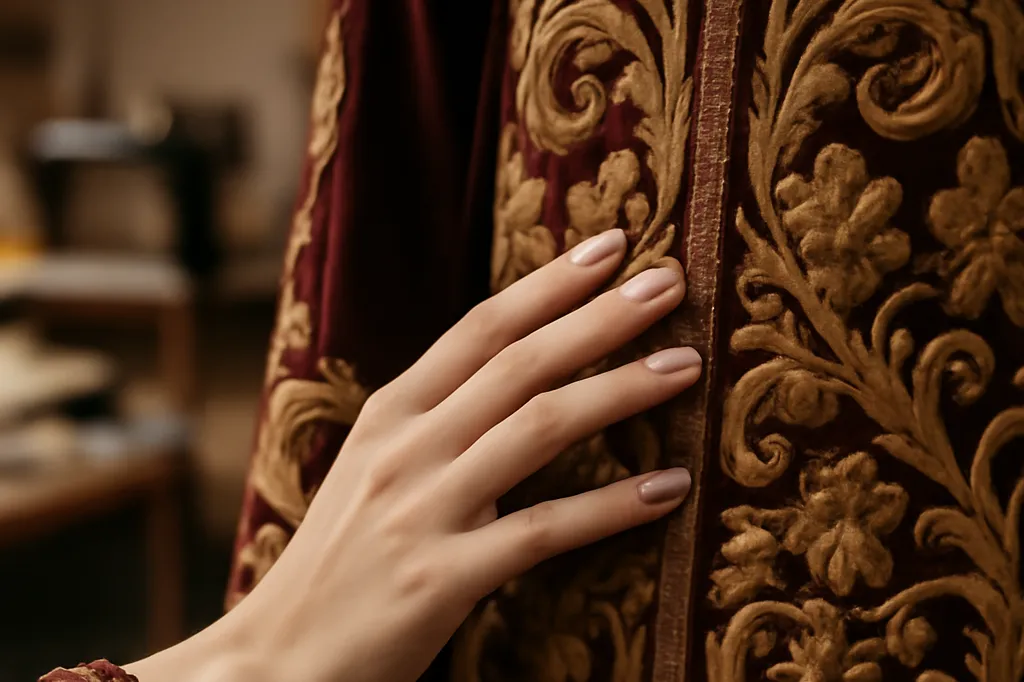 Detail brode d'un caftan russe en velours et fil dore