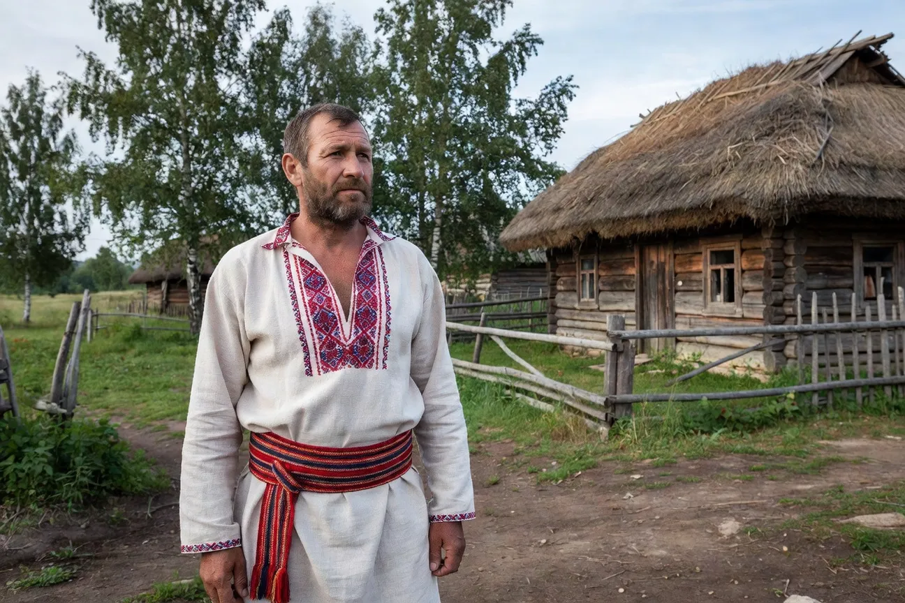 Homme portant une kosovorotka ceinturée d'un poyas traditionnel brodé