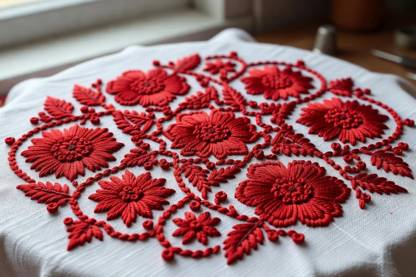Mariée russe traditionnelle en sarafan rouge brodé avec chemise blanche et coiffe perlée
