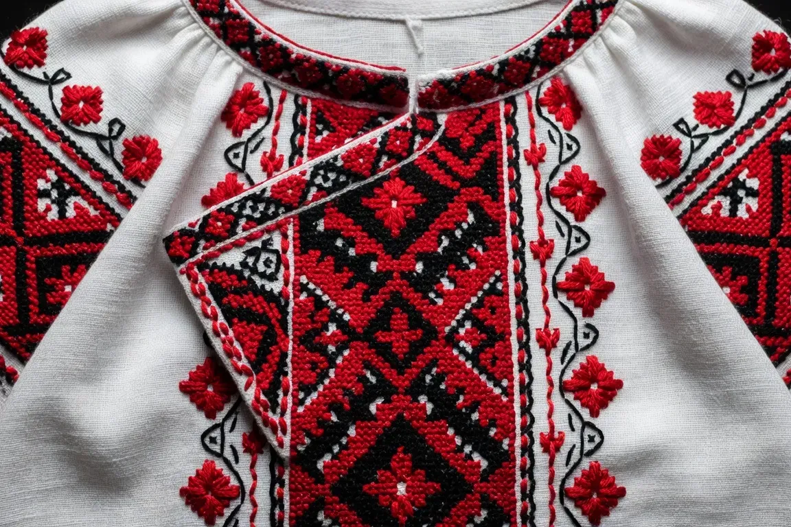 Détail de broderies sur une kosovorotka de plyaska — motifs géométriques rouges sur lin blanc