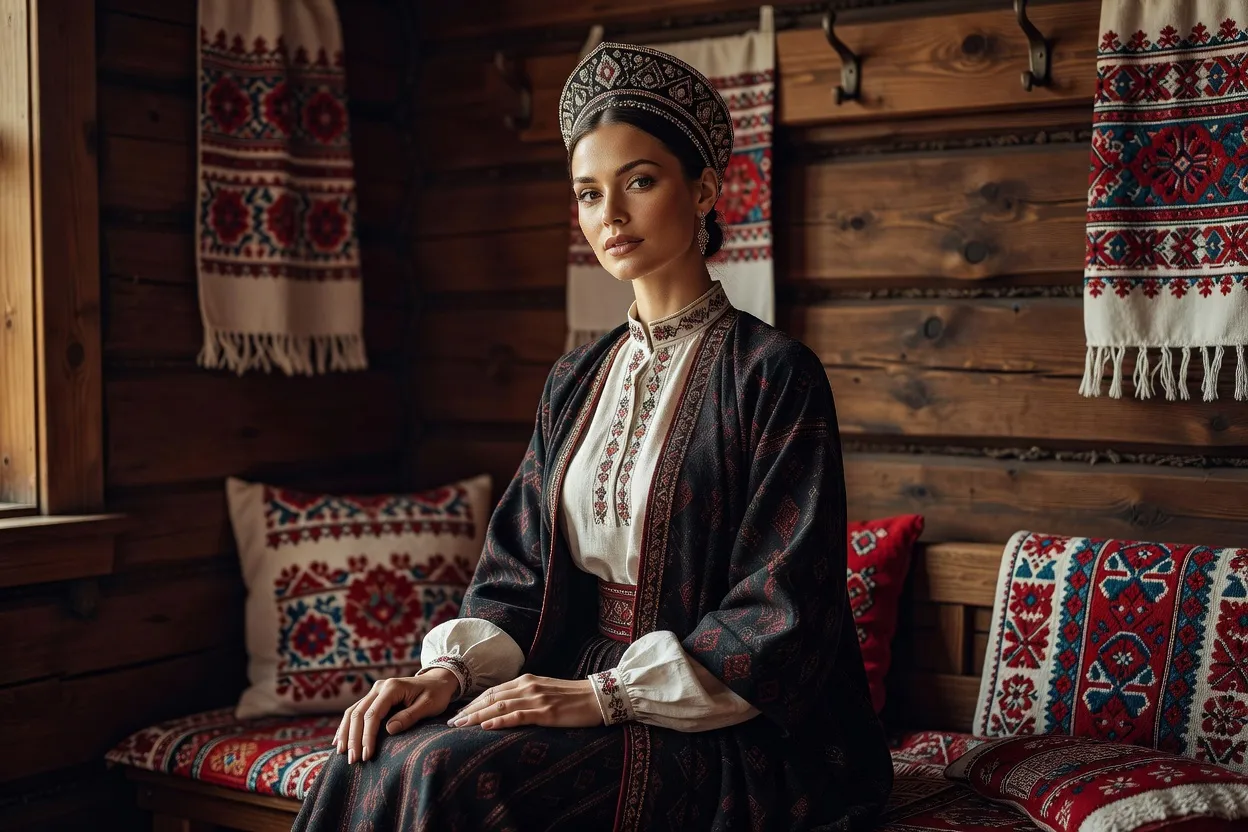 Femme en costume traditionnel russe du Nord, sarafane et coiffe kokoshnik