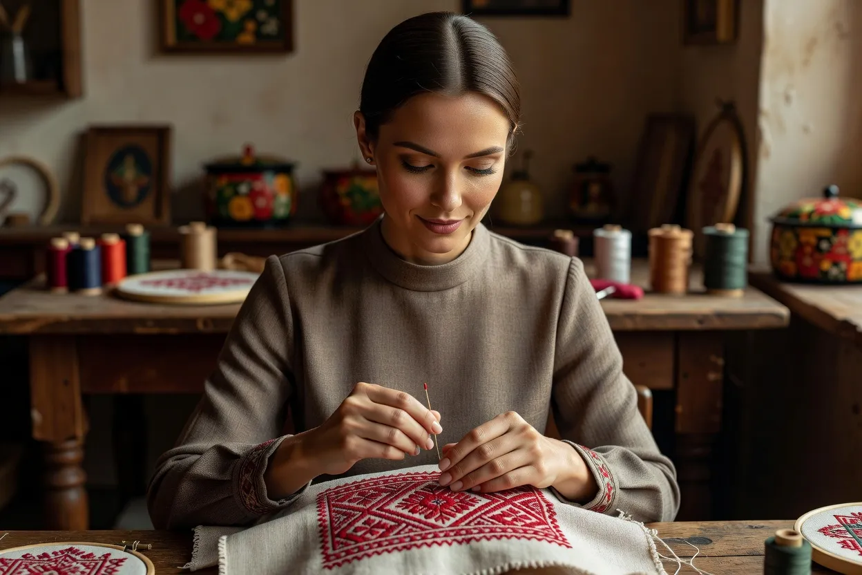 Detail de broderie traditionnelle russe sur tissu, motifs geometriques rouges