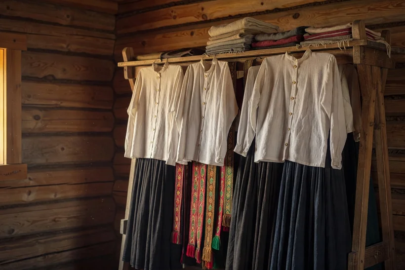 Chemises blanches boutonnées et longues jupes noires de vieux-croyants suspendues à un portant en bois dans une isba, près de rubans de broderie rouge et or