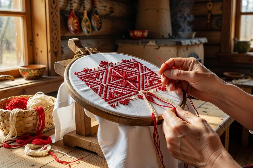 Mains brodant un motif géométrique rouge sur un tissu blanc tendu sur un métier à broder, dans une isba en rondins de bois