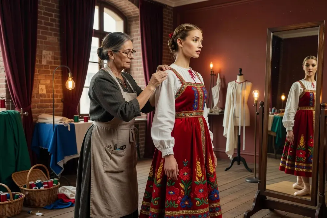 Costumière ajustant un costume de ballet russe dans un atelier parisien