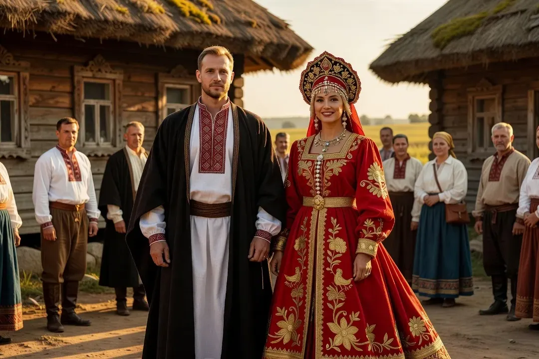 Couple en habits traditionnels russes lors d'un mariage folklorique