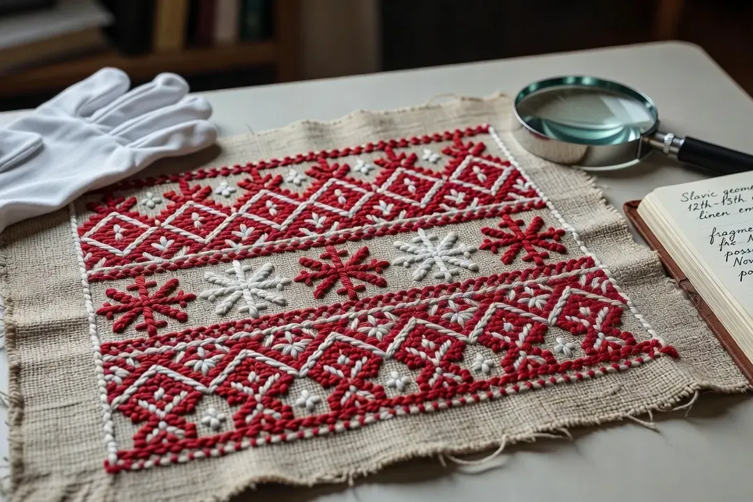 Fragments de textile slave médiéval aux motifs géométriques brodés — étude historique