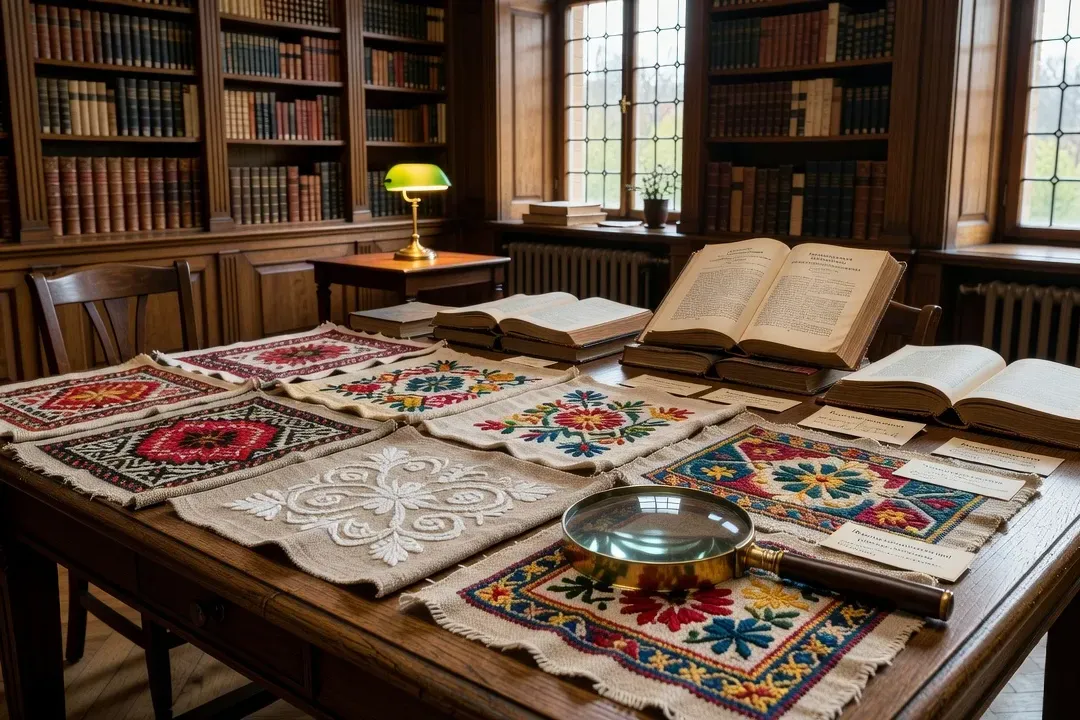 Comparaison de broderies russes régionales sur une table universitaire avec loupe