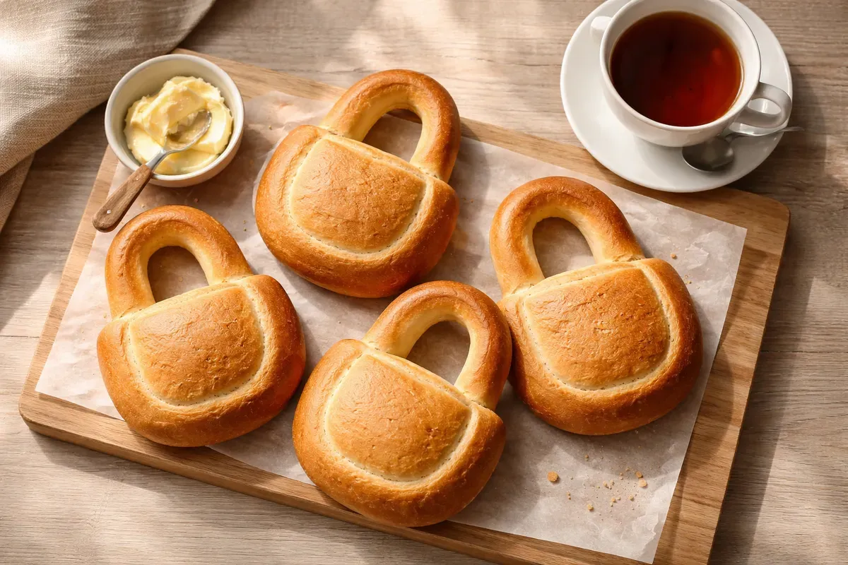 Quatre kalatchs dorés en forme de cadenas avec anse, posés sur une planche en bois clair à côté d'un petit bol de beurre et d'une tasse de thé