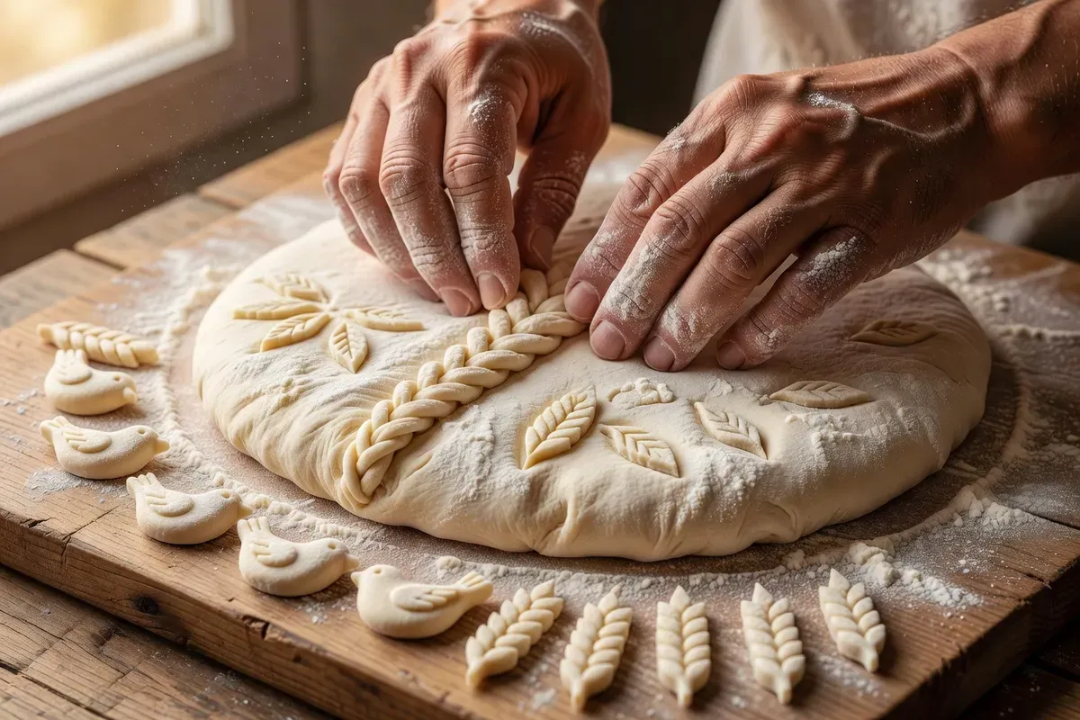 Mains enfarinées posant une tresse de pâte et des feuilles sur une grande boule de pâte levée, planche de bois, petits décors en pâte alignés
