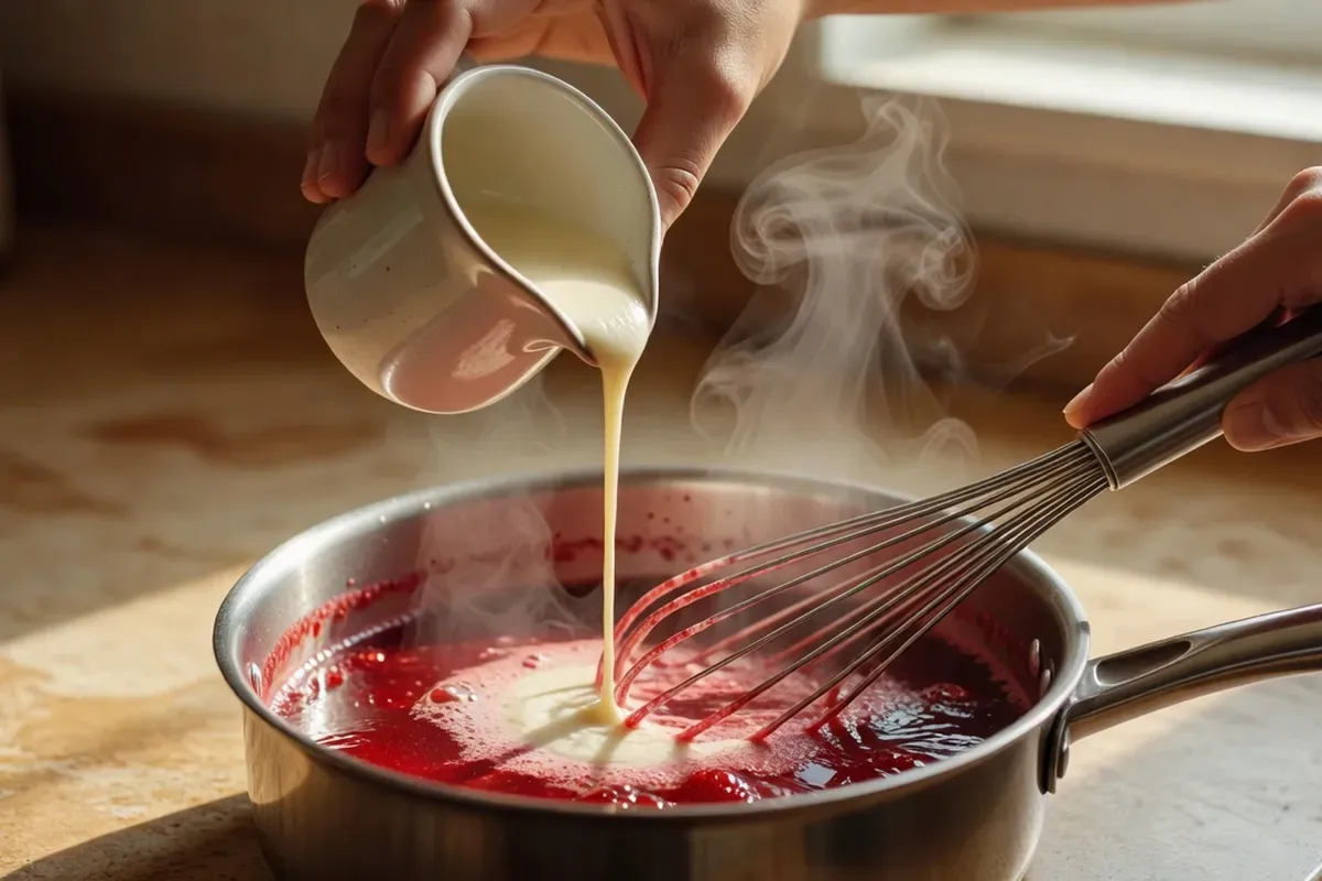 Mains versant la fécule délayée en filet dans une casserole de liquide rouge frémissant en remuant avec un fouet