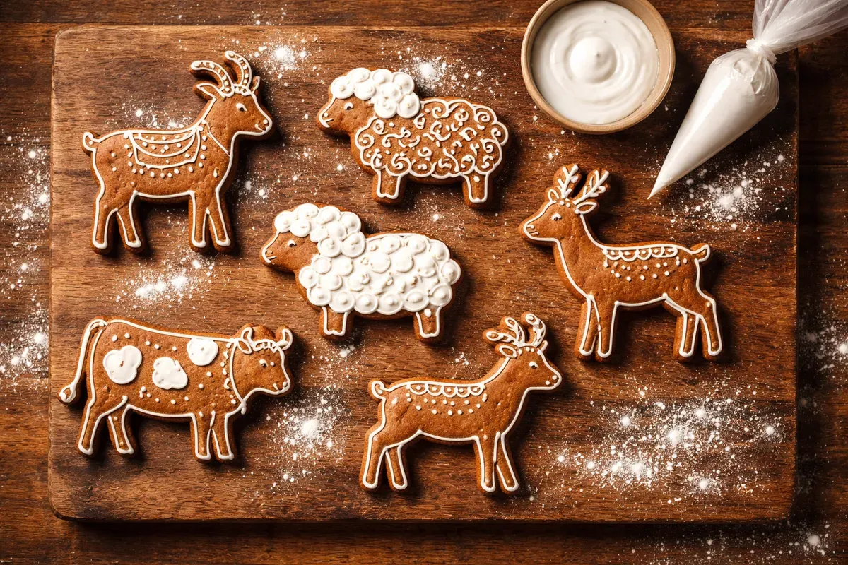 Kozouli en forme de chèvres, de moutons et de cerfs, décorés de glace blanche, posés sur une planche en bois près d'un petit pot de glaçage
