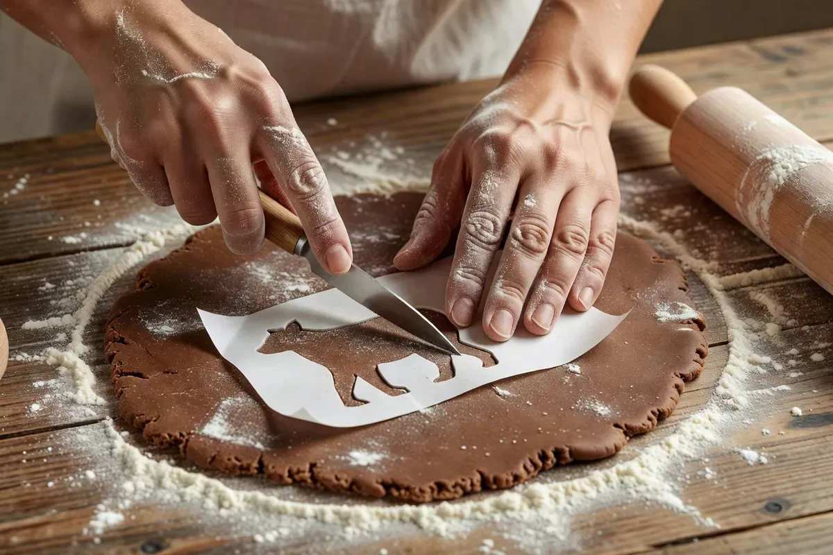 Mains saupoudrées de farine découpant avec un couteau un animal dans une pâte brune étalée autour d'un patron en papier