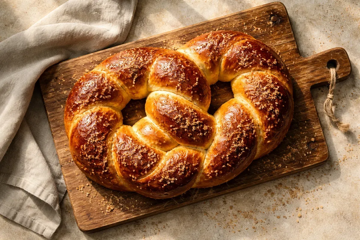 Krendel doré en forme de bretzel posé sur une planche de bois, saupoudré de cassonade, vu du dessus