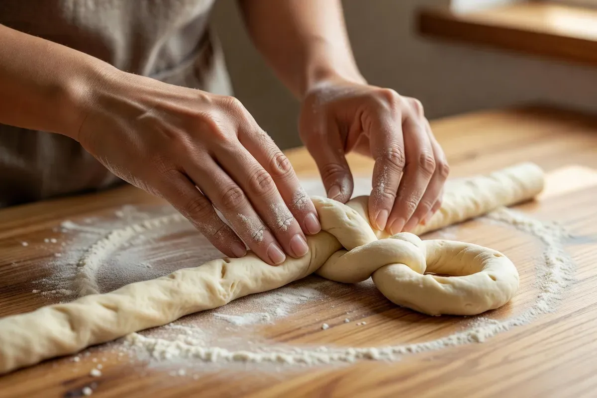 Mains roulant un long boudin de pâte levée pour le croiser en forme de bretzel sur un plan de travail fariné