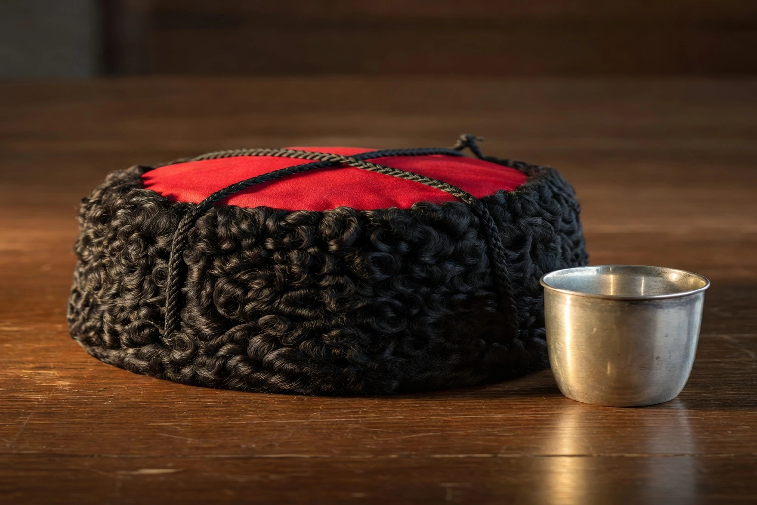 Kubanka cosaque en astrakan noir à boucles serrées, calot plat cramoisi traversé d'un galon noir tressé, posée sur une table en bois sombre près d'une timbale argentée