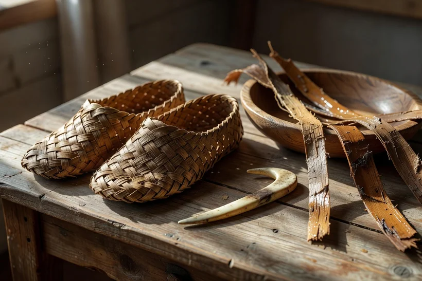 Paire de lapti russes tressés en lanières d'écorce posée sur une table rustique à côté d'un crochet de tissage en os et de lanières de liber trempées