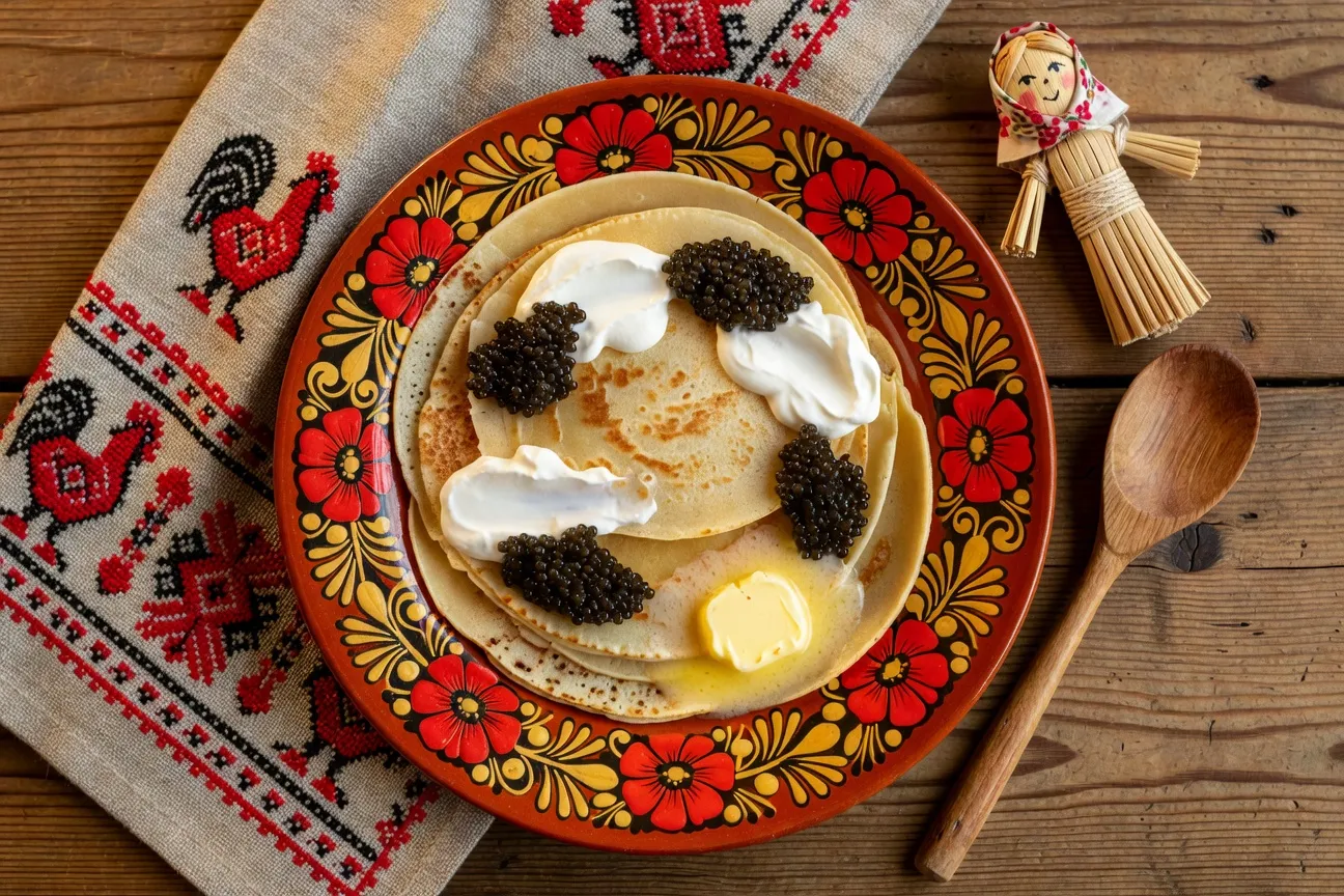 Bliny russes traditionnels de Maslenitsa avec crème fraîche et caviar