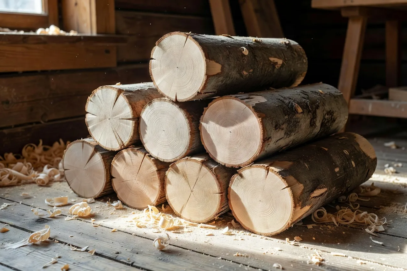 Bûches de bois de tilleul destinées au tournage des matriochkas